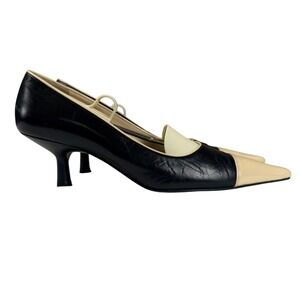 CHANEL Cap Toe Pumps Beige Black Leather Kitten Heels Designer Luxe Parisian 8